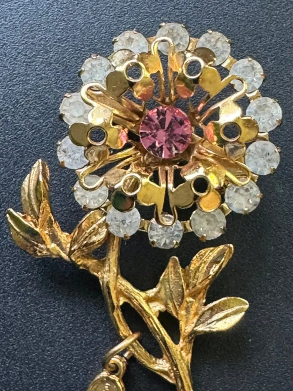 Miraculous Medal Charm Floral Spray Brooch Pink Rhinestone Gold Tone Vintage